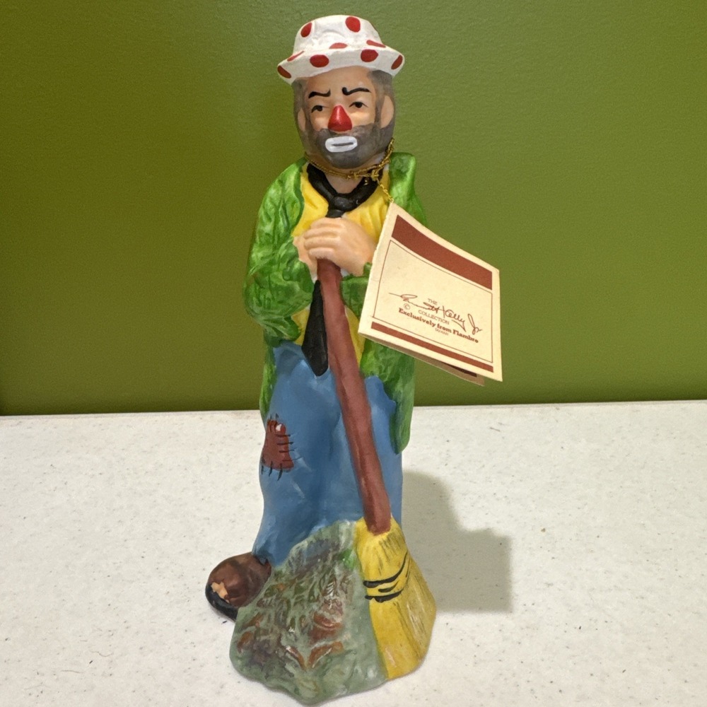 Flambro Clown Emmett Kelly Jr "Weary‎ Willie" Sweeping Hobo Porcelain Figurine